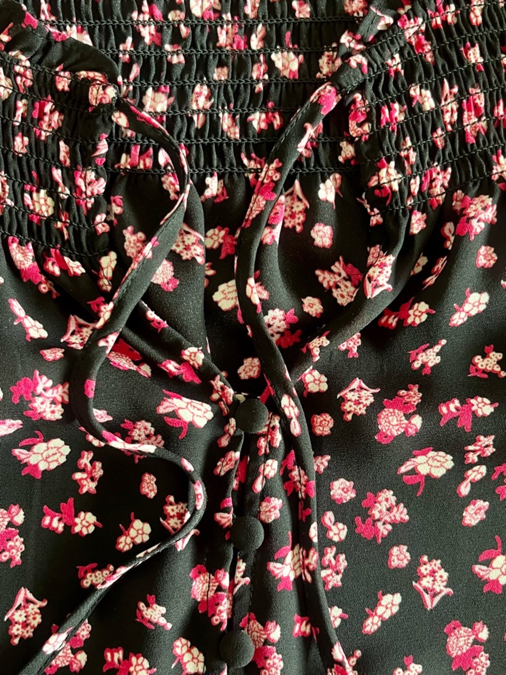 Rose & Olive Floral Smocked Peasant Blouse Cottagecore Boho Black Pink - Picture 12 of 14